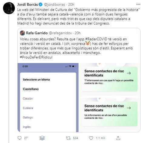 Tuit de Jordi Borràs sobre la app Radar Covid / TWITTER
