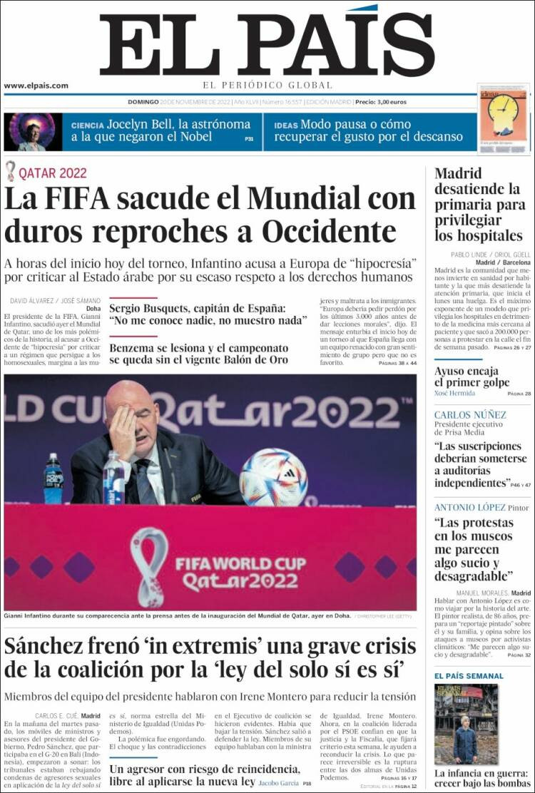 Portada de 'El País' del 20 de noviembre de 2022