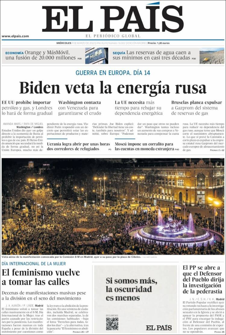 Portada de 'El País' del 9 de marzo de 2022 / Kiosko