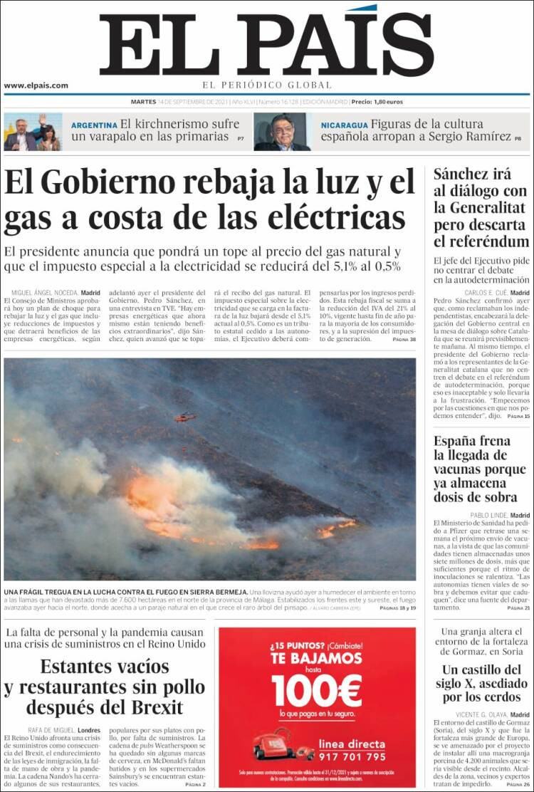 Portada de 'El País' del 14 de septiembre de 2021 / KIOSKO.NET