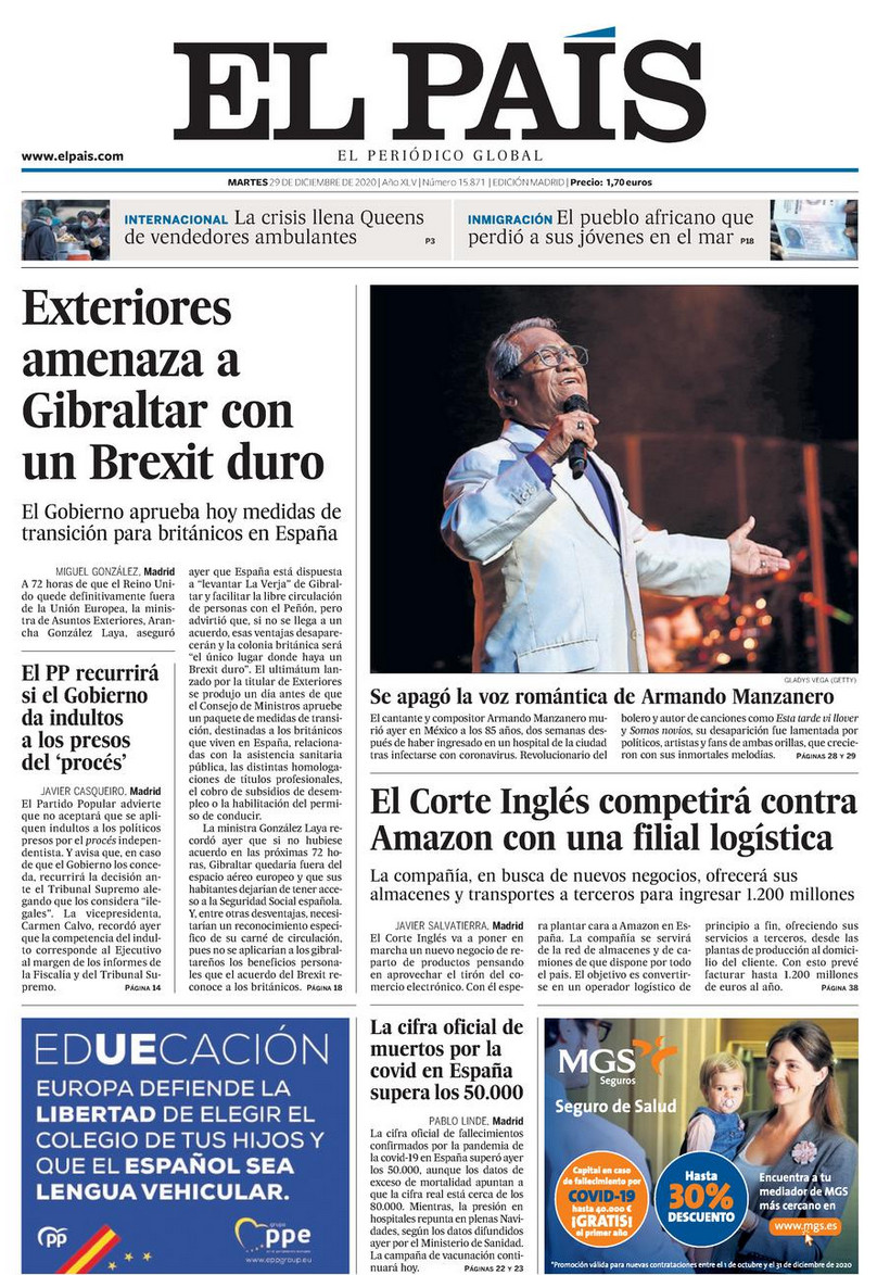 Portada de 'El País' del 29 de diciembre de 2020 / EL PAÍS.COM