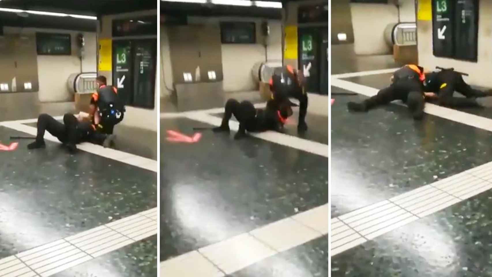 Tres momentos de la pelea entre vigilantes de seguridad en el Metro de Barcelona / CG