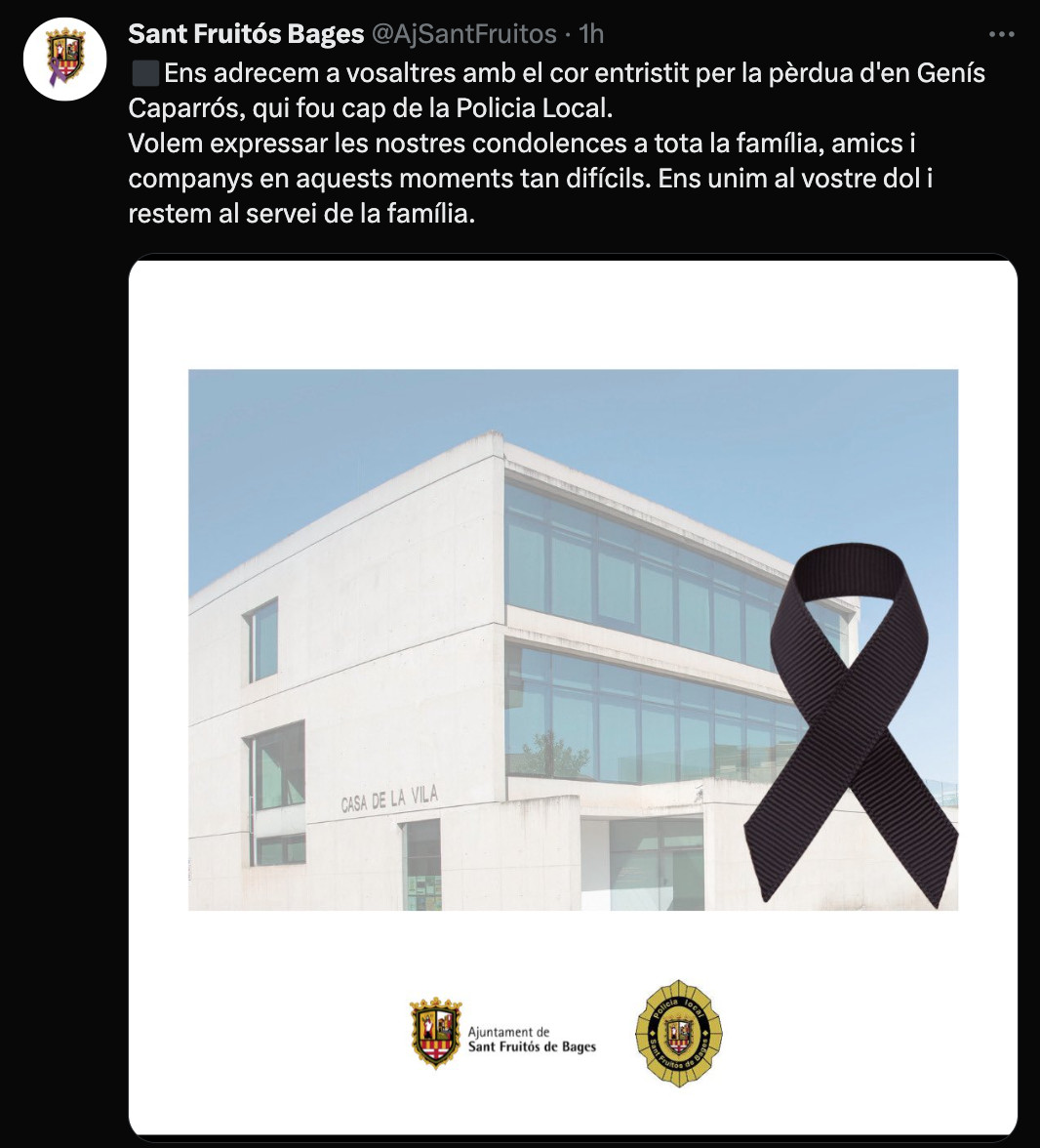 Mensaje de condolencias del Ayuntamiento de Sant Fruitós a familiares y amigos de Genís Caparrós / TWITTER