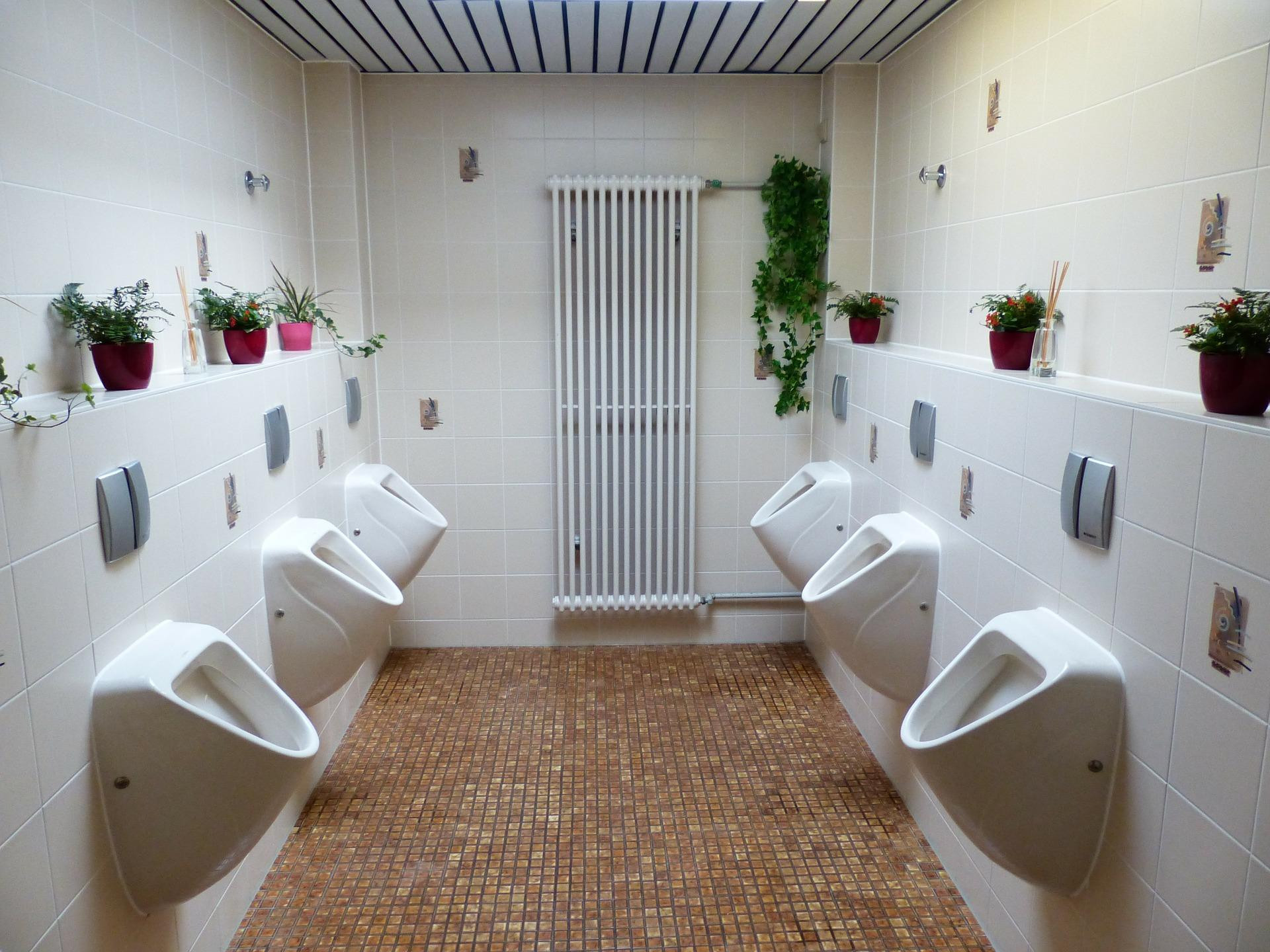Un lavabo masculino con retretes de pared a ambos lados / CG