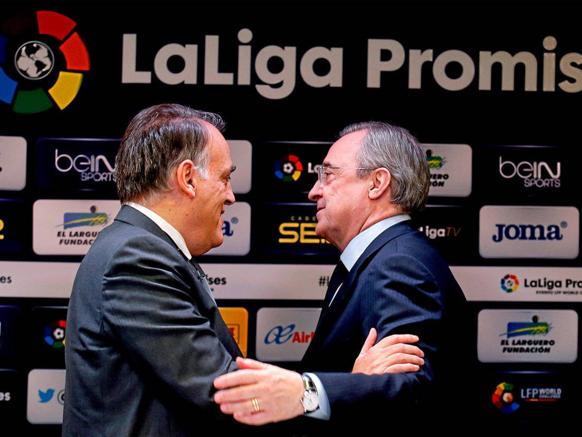 Javier Tebas y Florentino Pérez, ambos actores en el juicio de la Superliga, en un acto de la Liga / EFE