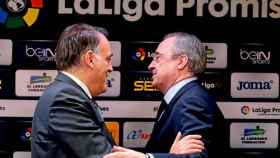 Javier Tebas y Florentino Pérez, ambos actores en el juicio de la Superliga, en un acto de la Liga / EFE