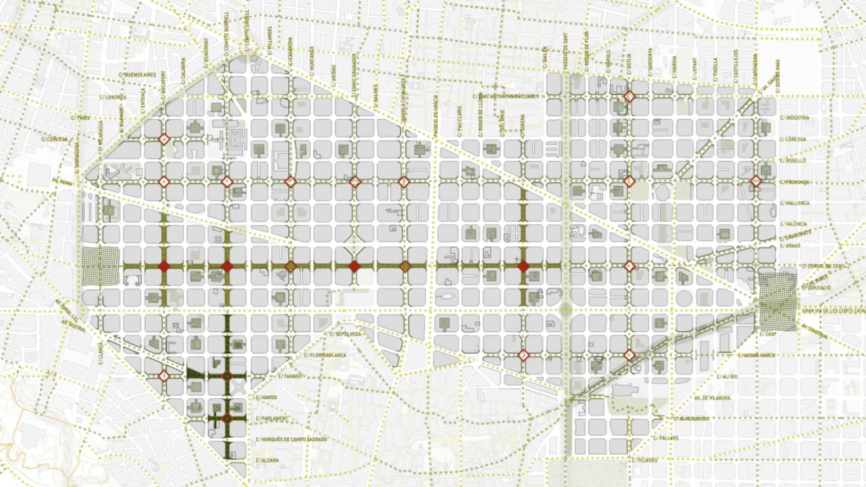 Mapa del Ensanche de Barcelona donde el Ayuntamiento tiene previsto hacer reformas urbanas