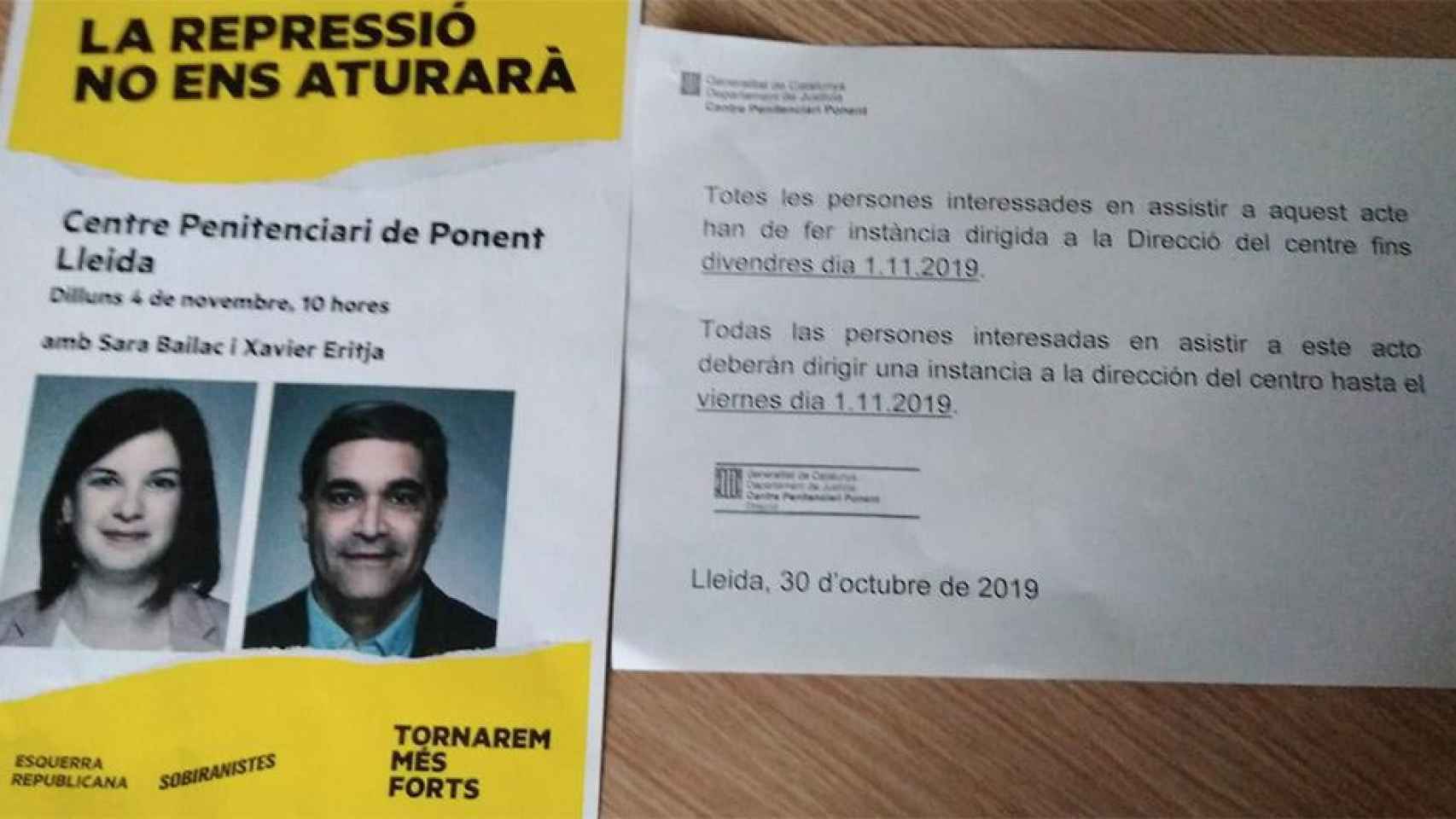 Cartel del mitin de ERC en la cárcel de Lleida y la circular de la Consejería de Justicia en la que insta a inscribirse / CG