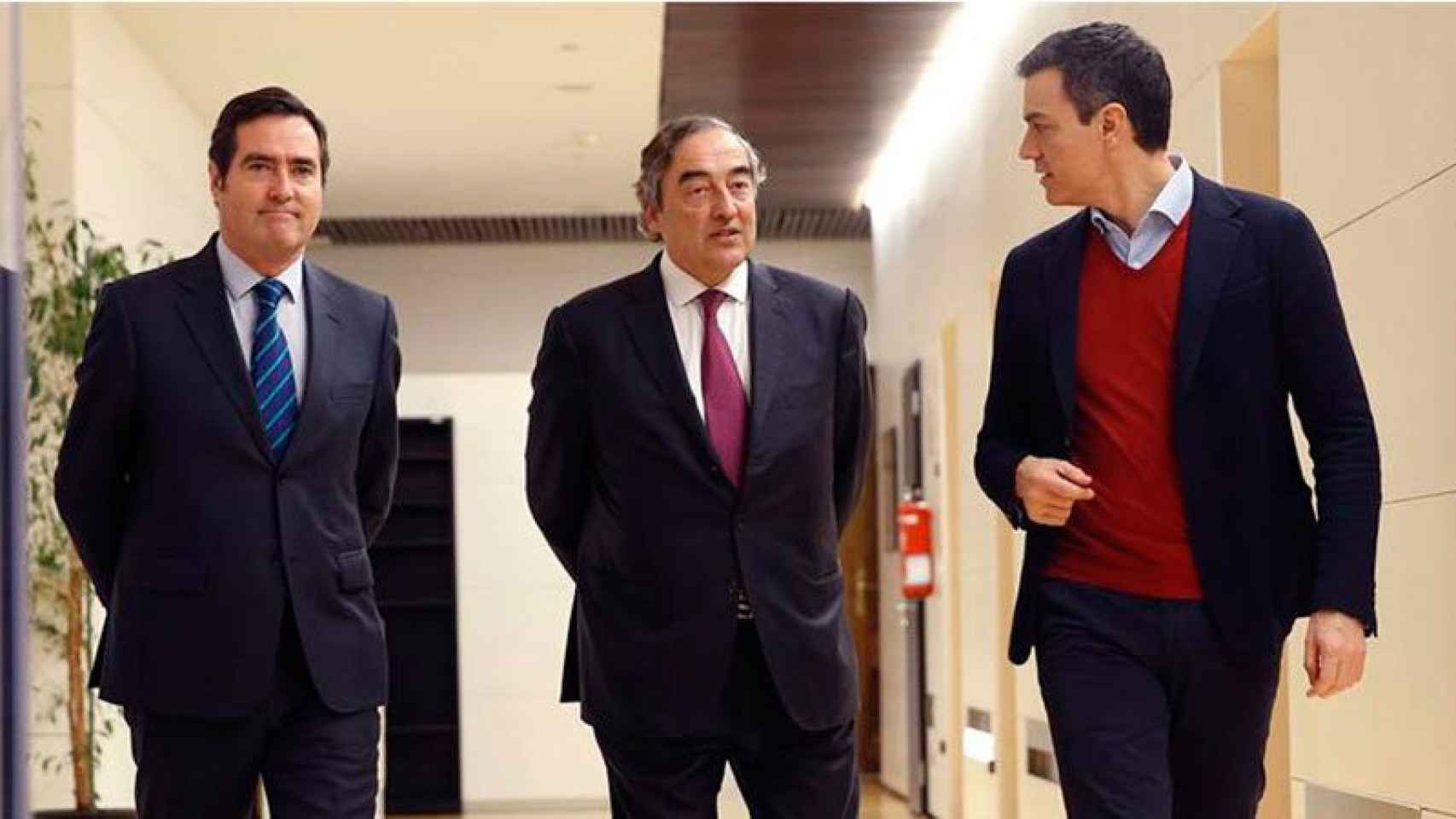 Pedro Sánchez (D) ha recibido hoy en el Congreso a Juan Rosell (CEOE) y a Antonio Garamendi (Cepyme).
