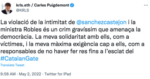 Mensaje de Carles Puigdemont en las redes sociales / TWITTER