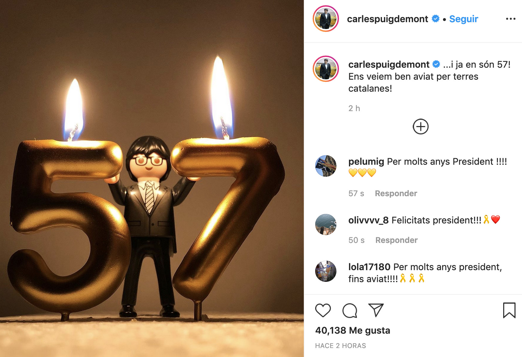 Apunte de Instagram de Carles Puigdemont con motivo de su cumpleaños