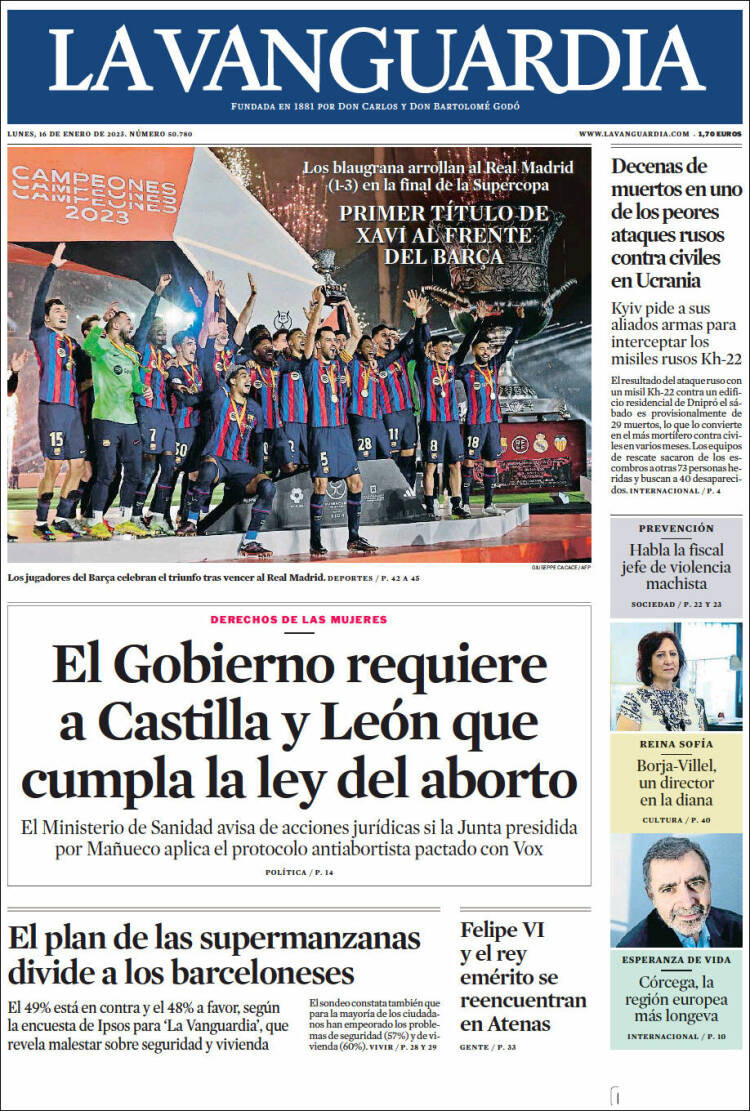 Portada de 'La Vanguardia' del 16 de enero de 2022