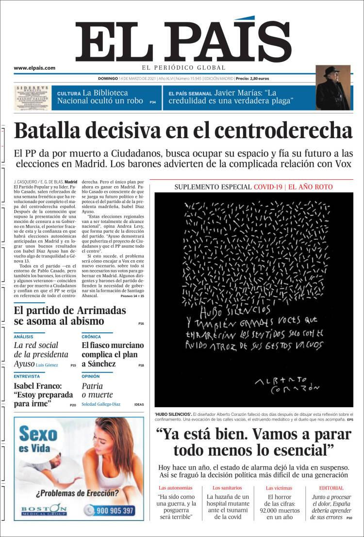Portada de 'El País' del 14 de marzo / EL PAÍS