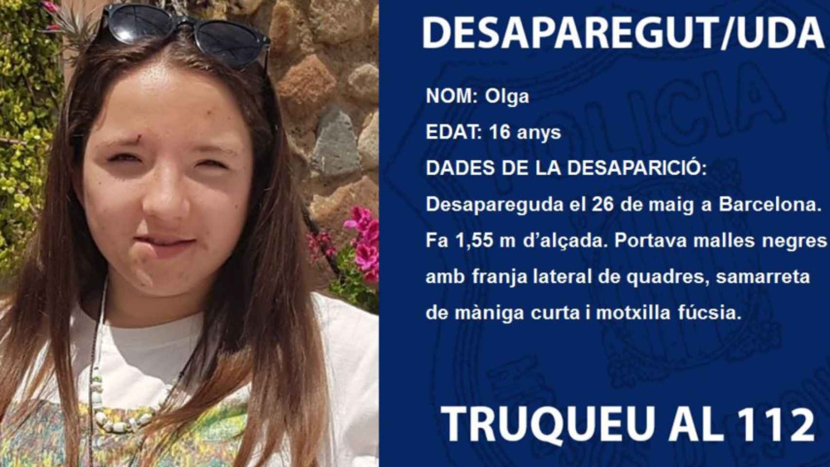 Alerta difundida por los Mossos con información de Olga, la joven de 16 años desaparecida en Barcelona / MOSSOS