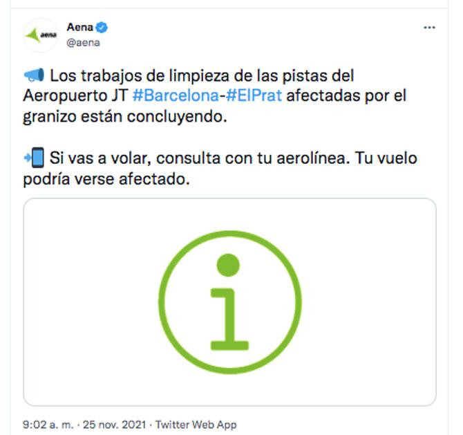 Un tuit de Aena informando del estado de las tareas de limpieza en El Prat / Cedida