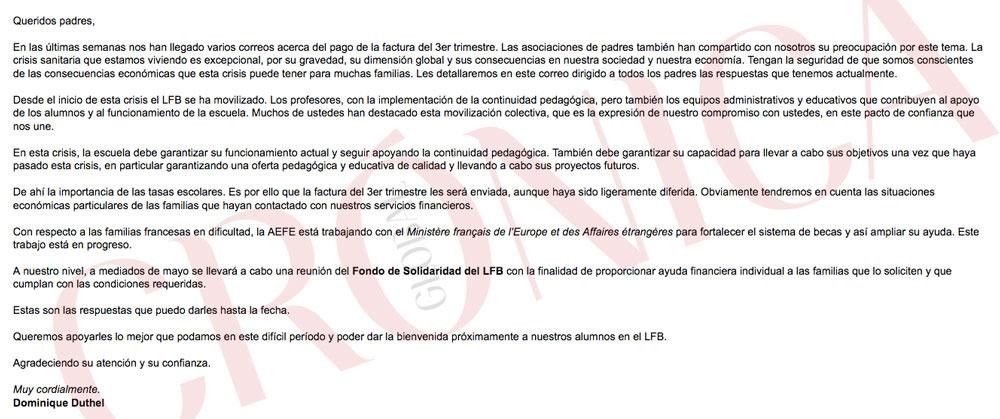 Respuesta del director o 'proviseur' del Liceo Francés de Barcelona (LFB) a los padres de alumnos / CG