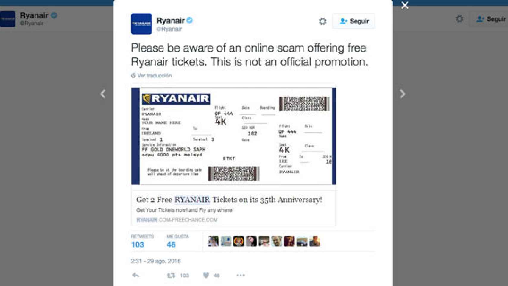 Tweet de Ryanair alertando de la campaña de 'phishing' / TWITTER