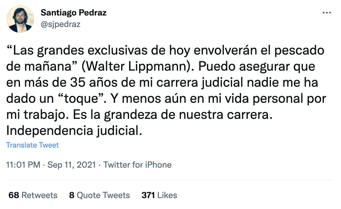 Publicación de Santiago Pedraz en Twitter / @sjpedraz