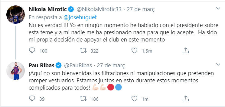 Mensaje de Pau Ribas y Nikola Mirotic sobre el ERTE del Barça / Redes