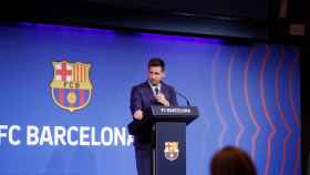 Messi en la rueda de prensa de su despedida / EFE