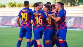 Los jugadores del Barça B, celebrando un gol en el play-off de ascenso | EFE