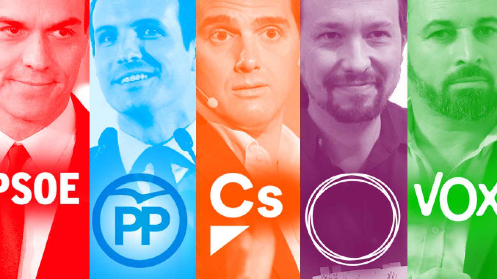 Los candidatos de PSOE, PP, Cs, Podemos y Vox al 28A, Pedro Sánchez, Pablo Casado, Albert Rivera, Pablo Iglesias y Santiago Abascal, respectivamente / FOTOMONTAJE CG