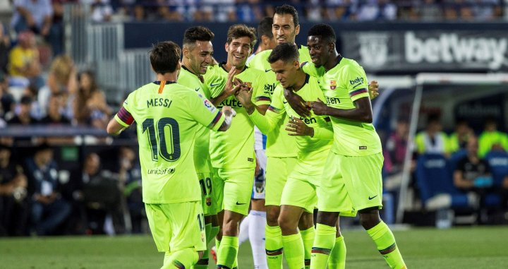 Los jugadores del Barça celebran el gol de Coutinho frente al Leganés / EFE