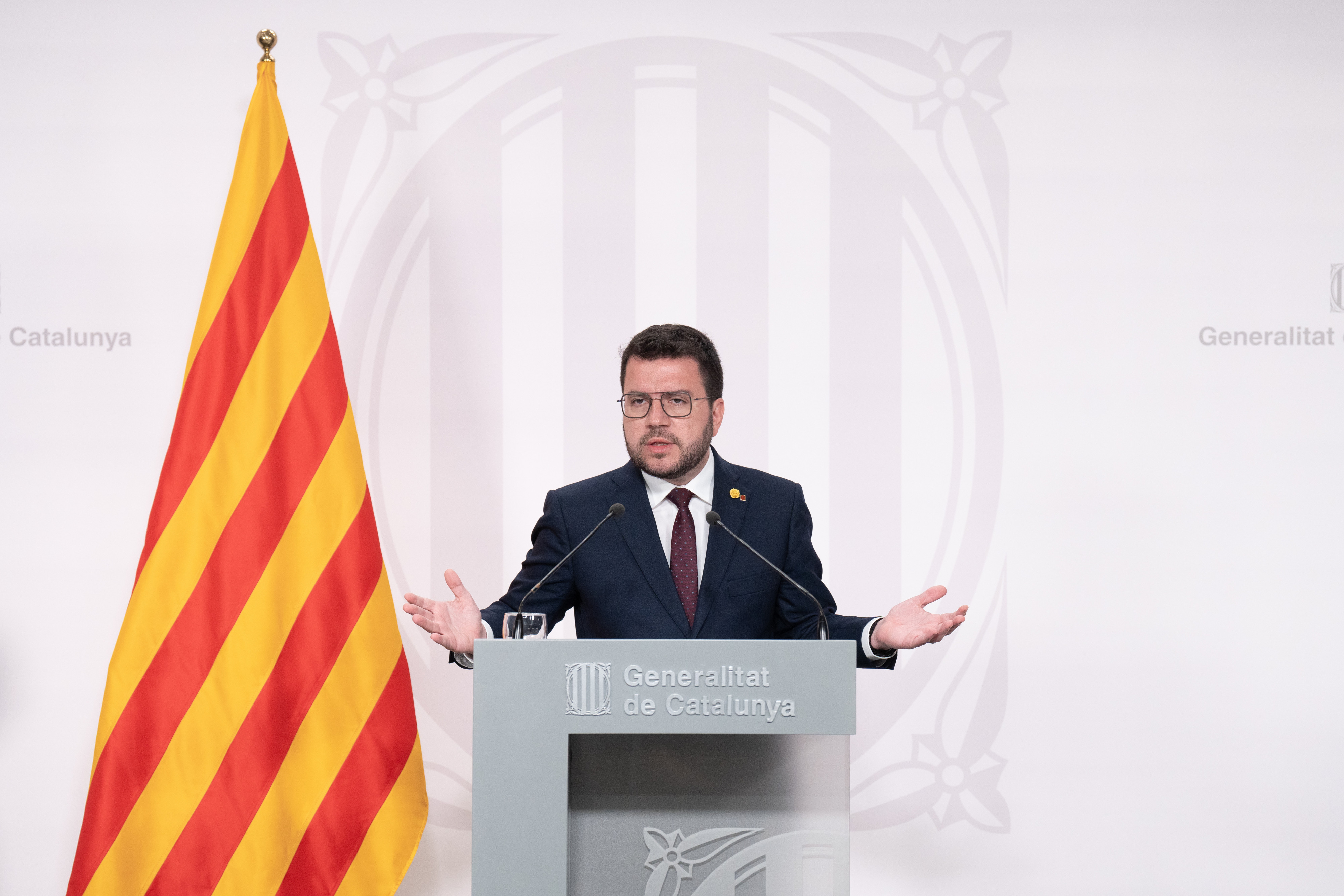 El presidente de la Generalitat de Cataluña, Pere Aragonès, durante su rueda de prensa en el Palau de la Generalitat / David Zorrakino - EUROPA PRESS