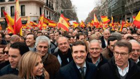 Pablo Casado, presidente del PP, rodeado de banderas de España en la manifestación de la plaza de Colón en Madrid / EFE