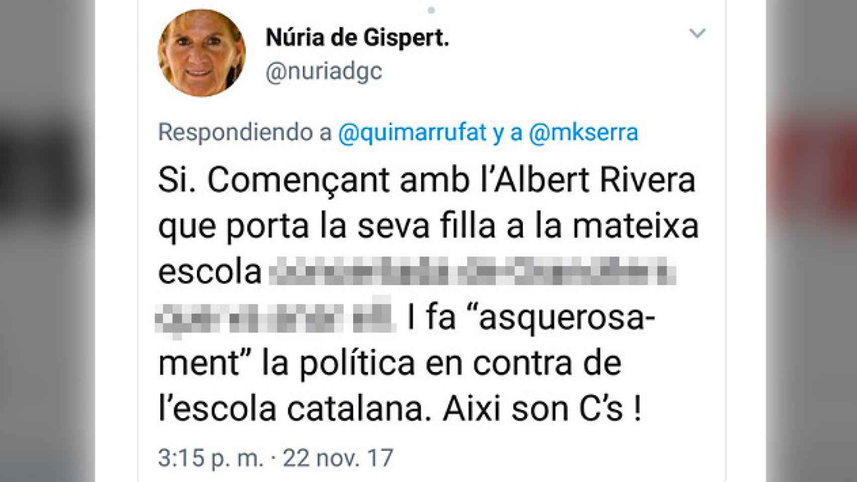 Tuit de Núria de Gispert donde desvela el colegio donde estudia la hija de Albert Rivera / CG