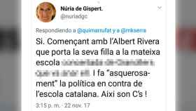 Tuit de Núria de Gispert donde desvela el colegio donde estudia la hija de Albert Rivera / CG