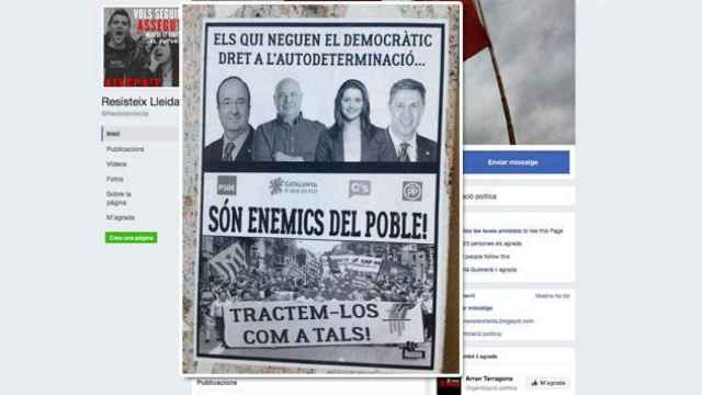 Cartel que señala a los cuatro partidos y la página de Facebook Resisteix Lleida / CG