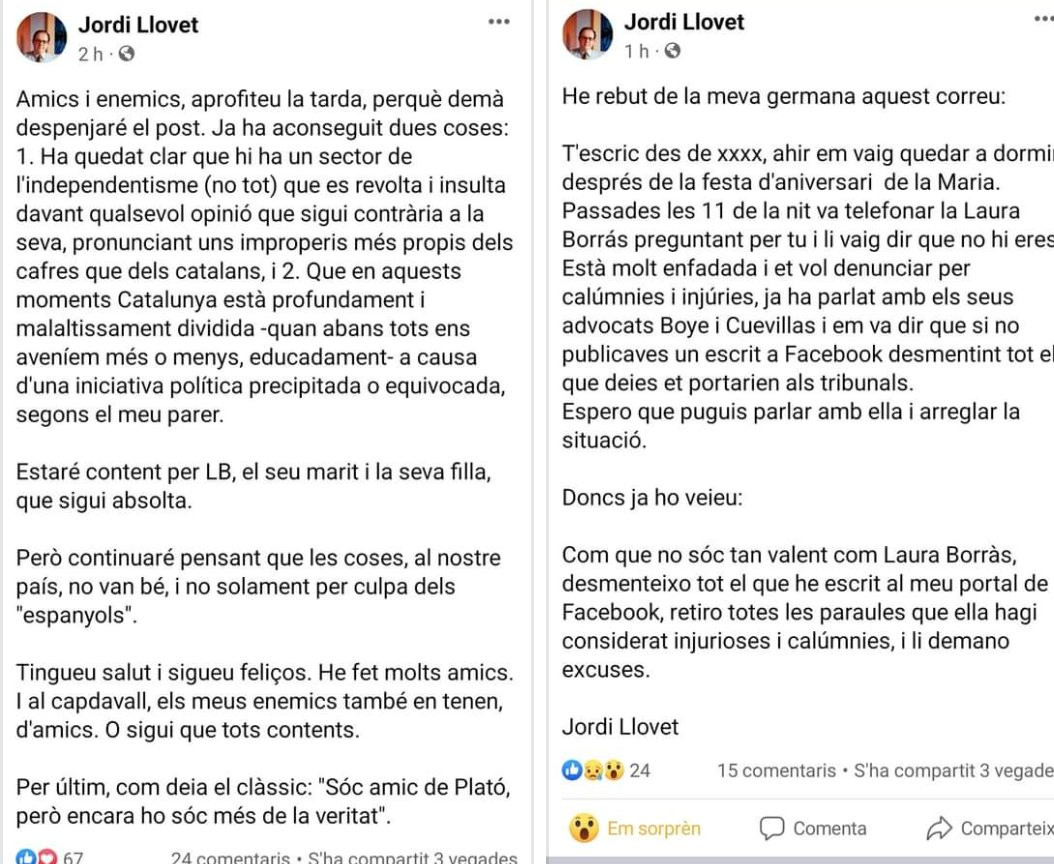 Los dos post publicados por el profesor Jordi Llovet en relación a Laura Borràs / CG