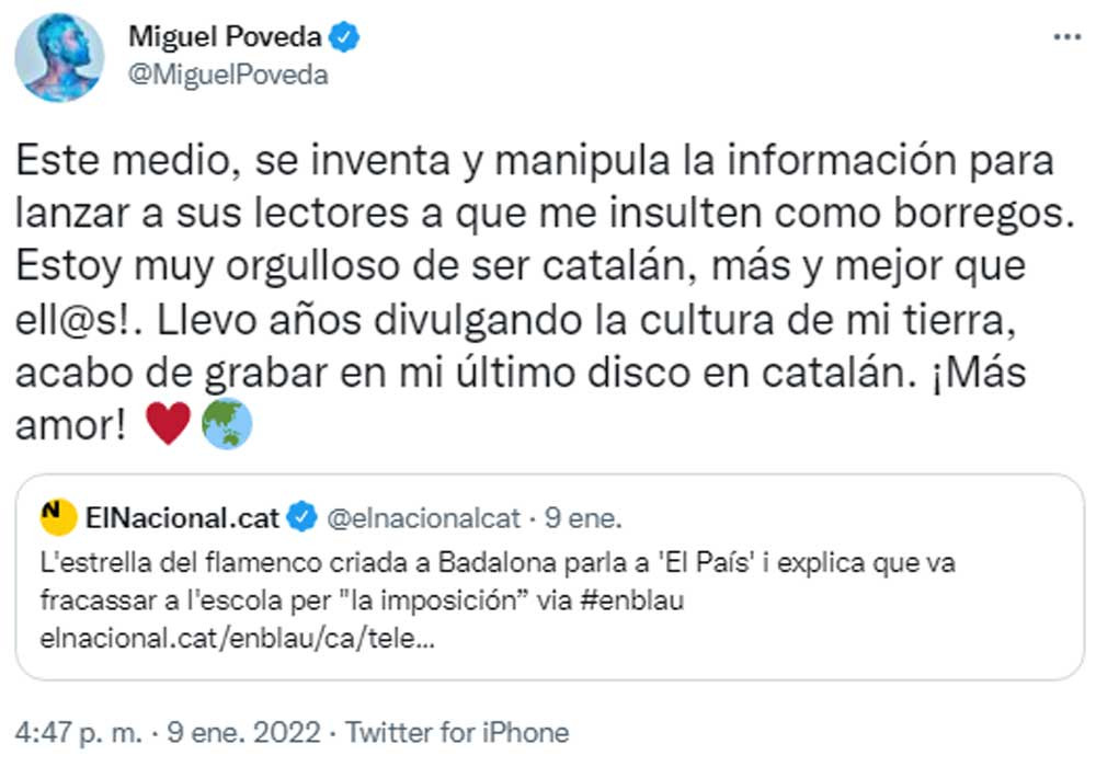 Miguel Poveda, acusando a 'El Nacional' de manipular y de poner a la gente en su contra / TWITTER