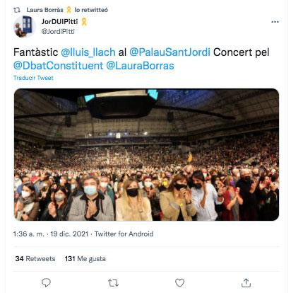 El retuit de Laura Borràs sobre el concierto de Llach / Twitter