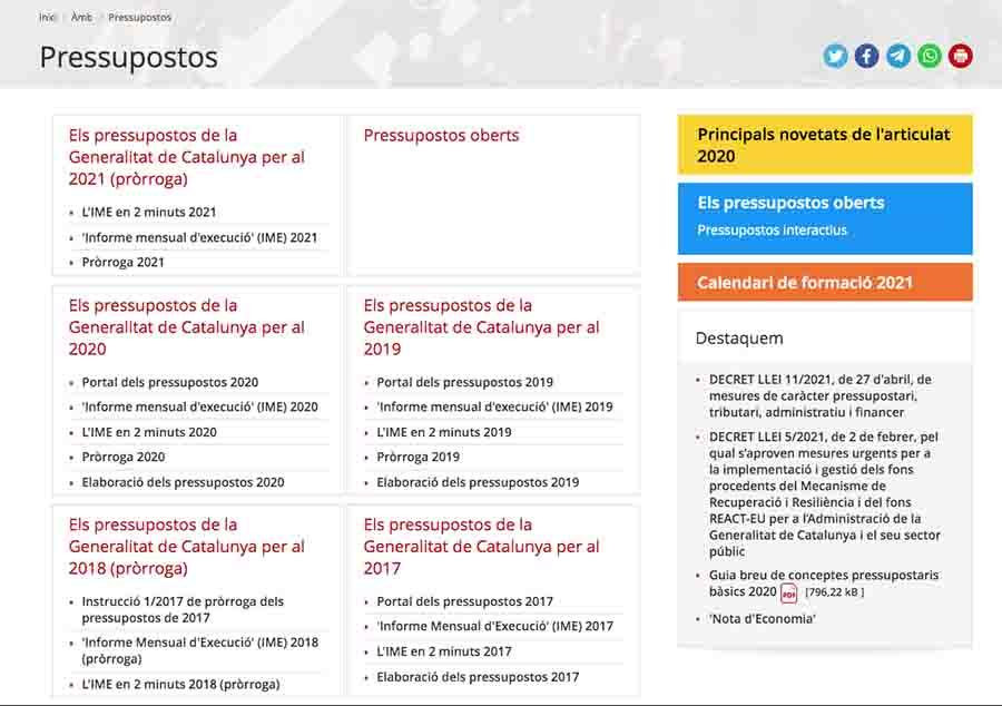La web de la Generalitat anuncia la prórroga de los presupuestos