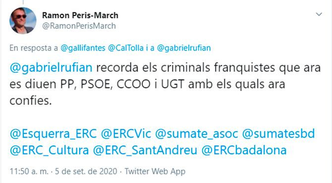 El último exabrupto independentista de Ramon Peris-March en Twitter