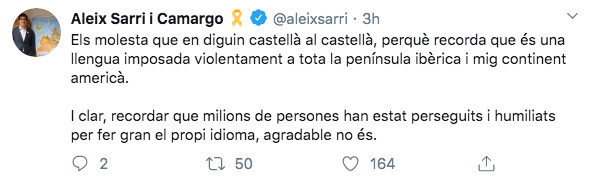 Tuit de Aleix Sarri contra el castellano