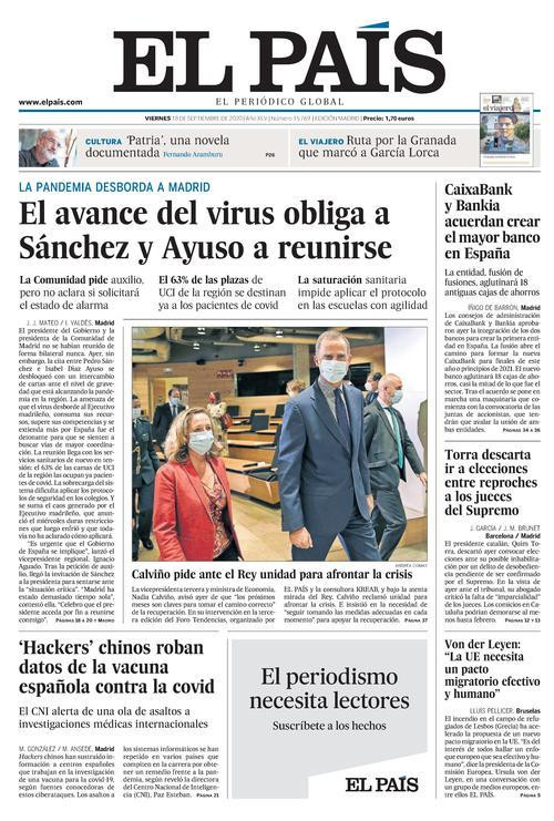 Portada de 'El País' con noticias sobre el coronavirus en Madrid / KIOSKO