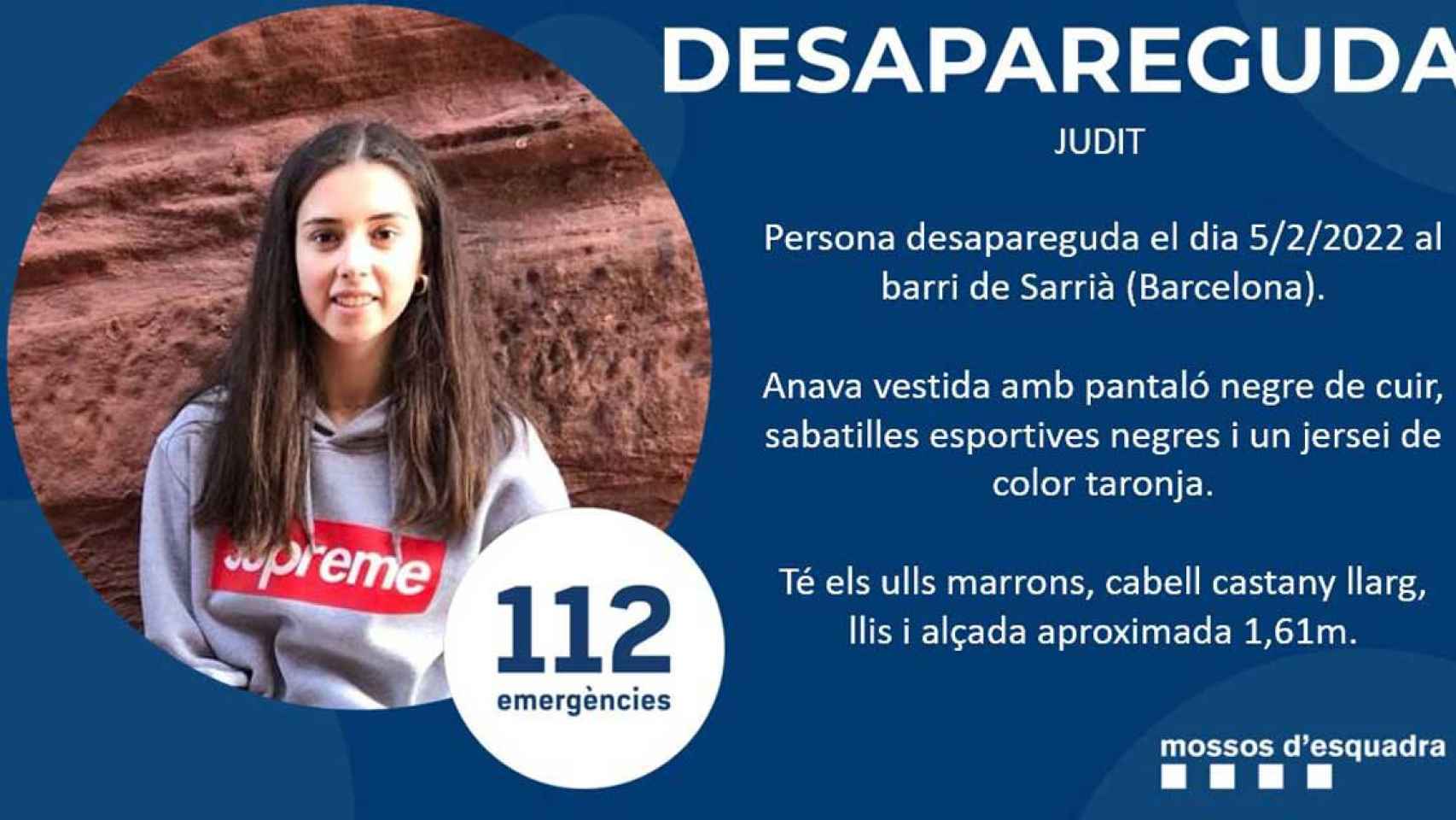 Los Mossos piden colaboración ciudadana para encontrar a Judit, una menor de 17 años, que lleva en paradero desconocido desde el sábado / MOSSOS D'ESQUADRA