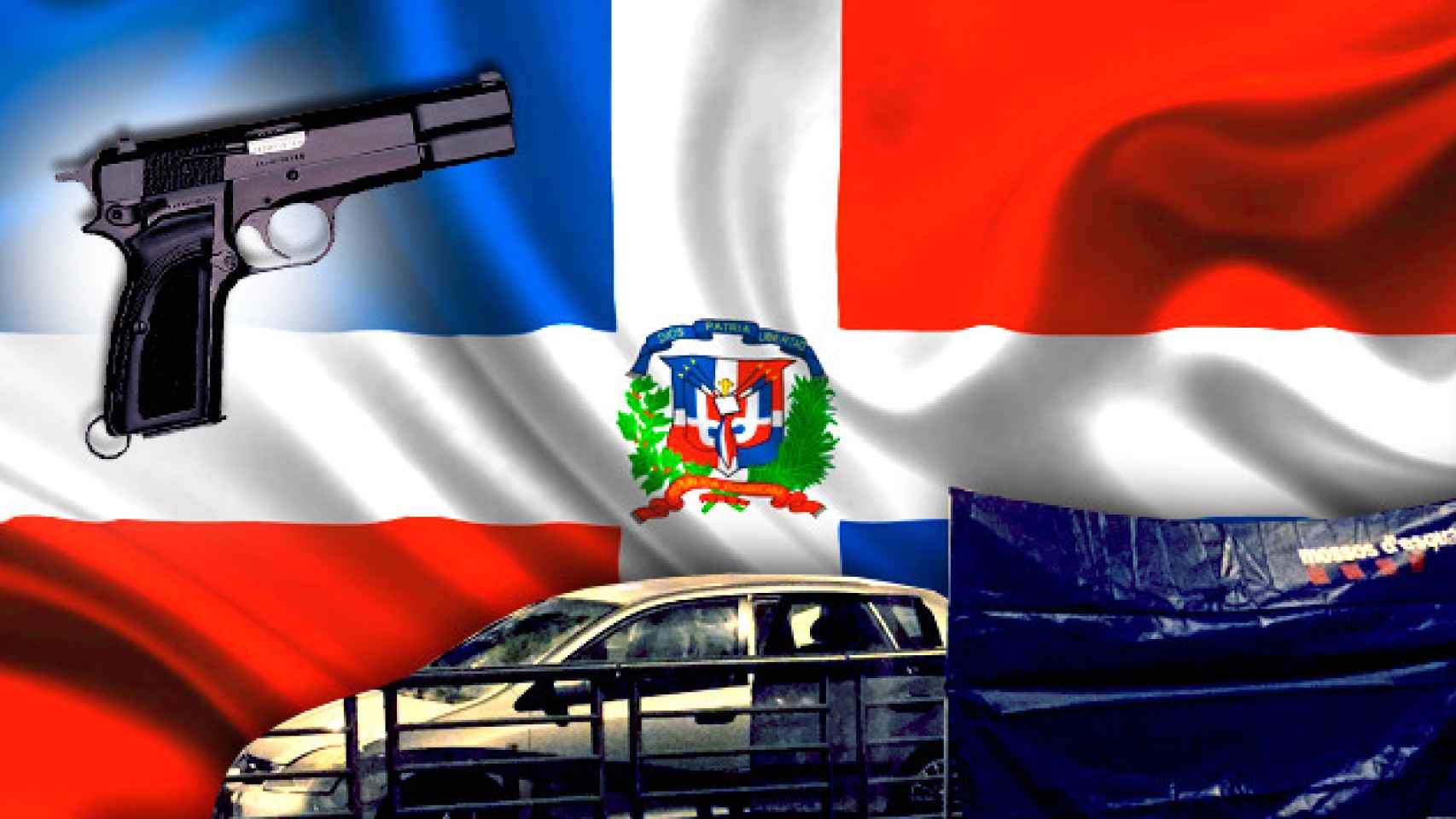 Escenario del asesinato de la Meridiana, con la bandera dominicana de fondo / FOTOMONTAJE DE CG