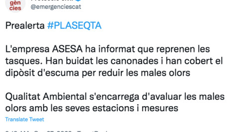 Mensaje de Protección Civil sobre la fuga química en Tarragona / TWITTER