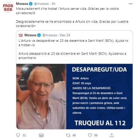 Los Mossos hallan sin vida al anciano de 92 años desaparecido en Barcelona / TWITTER