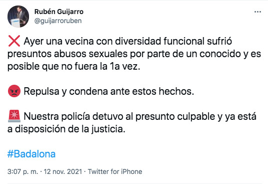 Tweet de Rubén Guijarro, alcalde de Badalona / Twitter