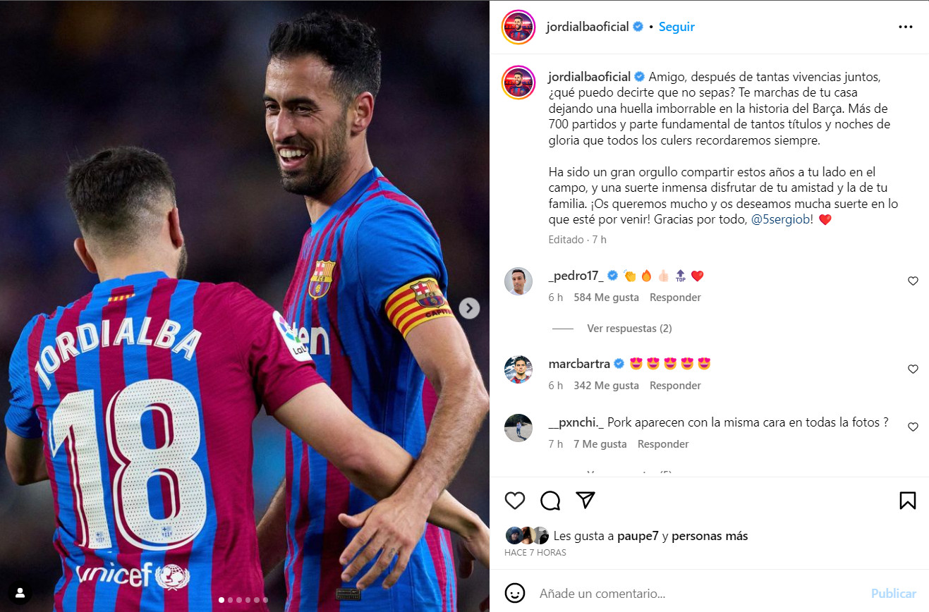 Jordi Alba se despide de Sergio Busquets en redes sociales