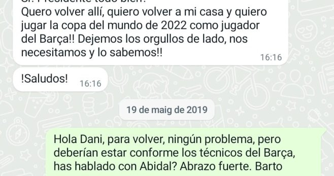 El mensaje de whatsapp que Dani Alves envió a Bartomeu en mayo de 2019 / CULEMANIA
