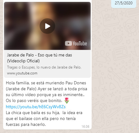 Mensaje de Whatsapp sobre el delicado estado de salud de Pau Donés
