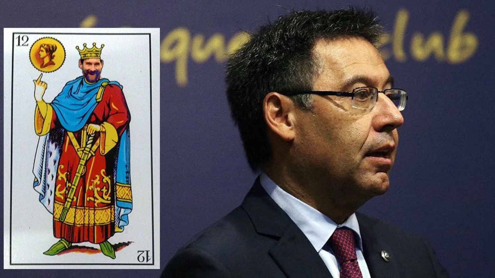 El presidente del Barça, Josep Maria Bartomeu, y la carta del rey de oros Messi / FOTOMONTAJE DE CULEMANÍA