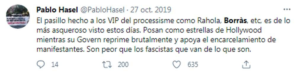 Pablo Hasél, criticando el afán de protagonismo de Laura Borràs en una manifestación independentista / @PabloHasel (TWITTER)