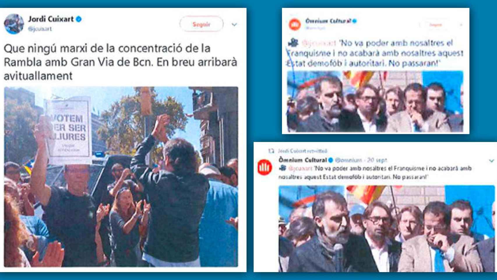 Tuits de Jordi Cuixart y Òmnium Cultural aportados por la Guardia Civil al sumario del caso Anubis